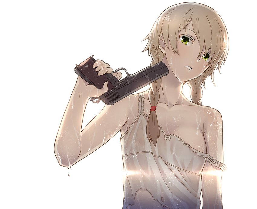 1girl blonde_hair braid camisole finger_on_trigger green_eyes gun gun_to_head hair_tie handgun holding holding_gun holding_weapon itou_(onsoku_tassha) light_rays long_hair looking_at_viewer original parted_lips pistol pointing pointing_at_self simple_background solo strap_slip torn_clothes twin_braids upper_body weapon wet white_background