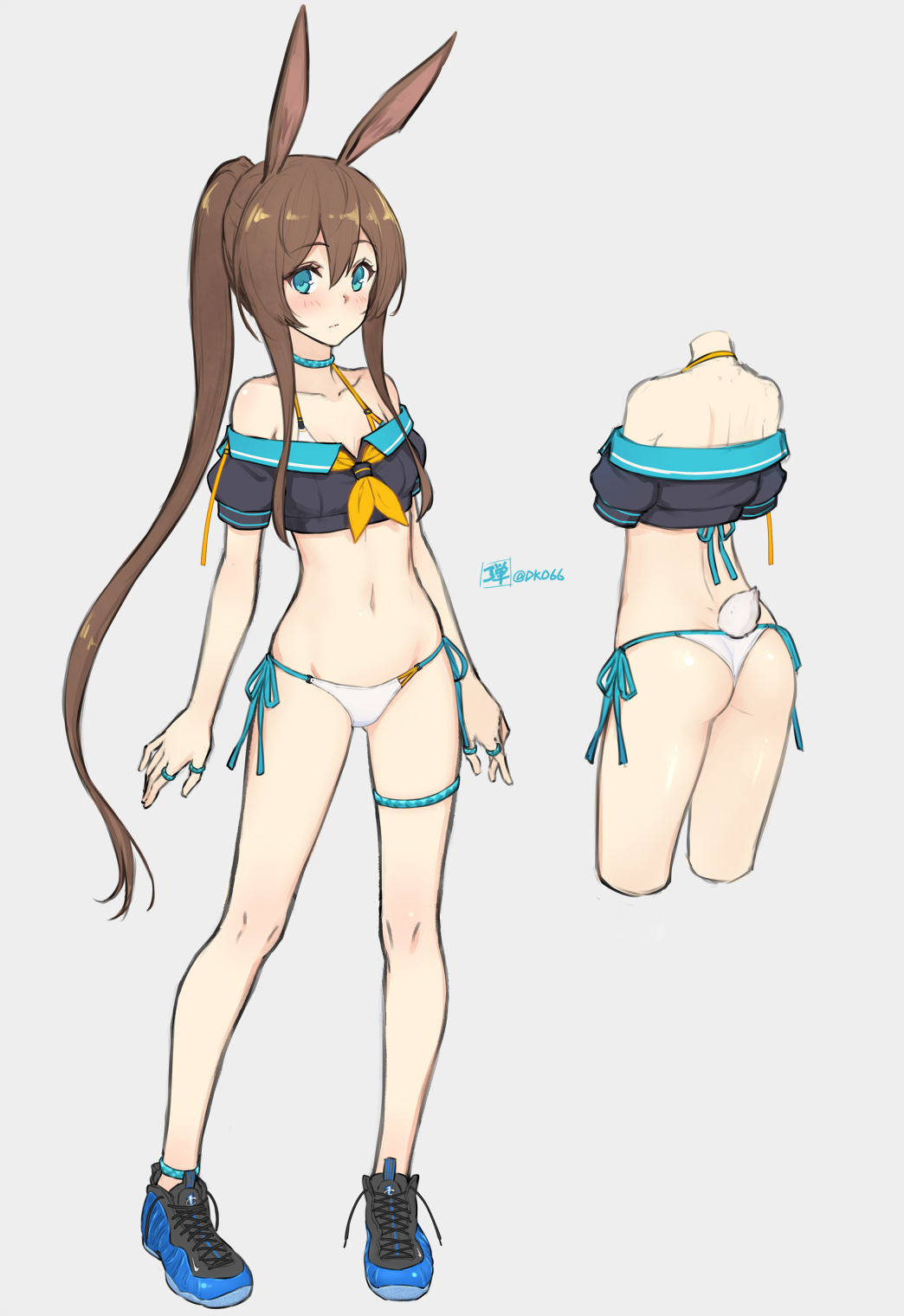 1girl amiya_(arknights) animal_ears aqua_eyes arknights bare_shoulders bikini blush breasts brown_hair bunny_tail collar collarbone commentary_request crop_top dan_(kumadan) eyebrows_visible_through_hair hair_between_eyes halterneck highres jewelry long_hair looking_at_viewer navel neckerchief off-shoulder_shirt off_shoulder ponytail rabbit_ears ring sailor_collar sailor_shirt shirt shoes side-tie_bikini signature simple_background small_breasts sneakers solo swimsuit tail thigh_strap very_long_hair white_background white_bikini yellow_neckwear