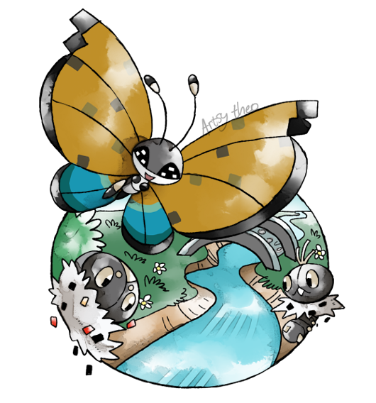 :d artsy-theo bridge bug butterfly creature flower flying gen_6_pokemon grass happy insect looking_at_viewer no_humans open_mouth outdoors pokemon pokemon_(creature) river scatterbug signature smile spewpa vivillon vivillon_(river)
