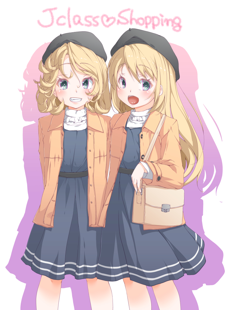 2girls bag bangs beret blonde_hair blue_dress blue_eyes blue_headwear commentary_request cowboy_shot dress el_(canon_jihad) grin hat jacket janus_(kantai_collection) jervis_(kantai_collection) kantai_collection long_hair looking_at_viewer matching_outfit multiple_girls open_mouth orange_jacket parted_bangs smile white_background