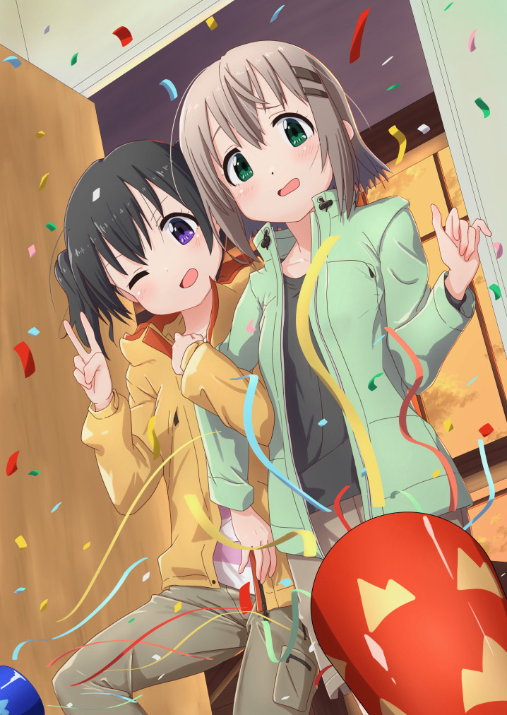 2girls ;d arm_up birthday birthday_party black_hair black_shirt blue_eyes brown_pants brown_shorts commentary confetti cowboy_shot doorway from_below green_eyes green_jacket hair_ornament hairclip happy_birthday head_tilt indoors jacket kohshibasaki kuraue_hinata leg_lift light_brown_hair locked_arms looking_at_viewer multiple_girls one_eye_closed open_clothes open_door open_jacket open_mouth pants party_popper pov shirt short_hair shorts smile streamers striped striped_shirt twintails v yama_no_susume yellow_jacket yukimura_aoi