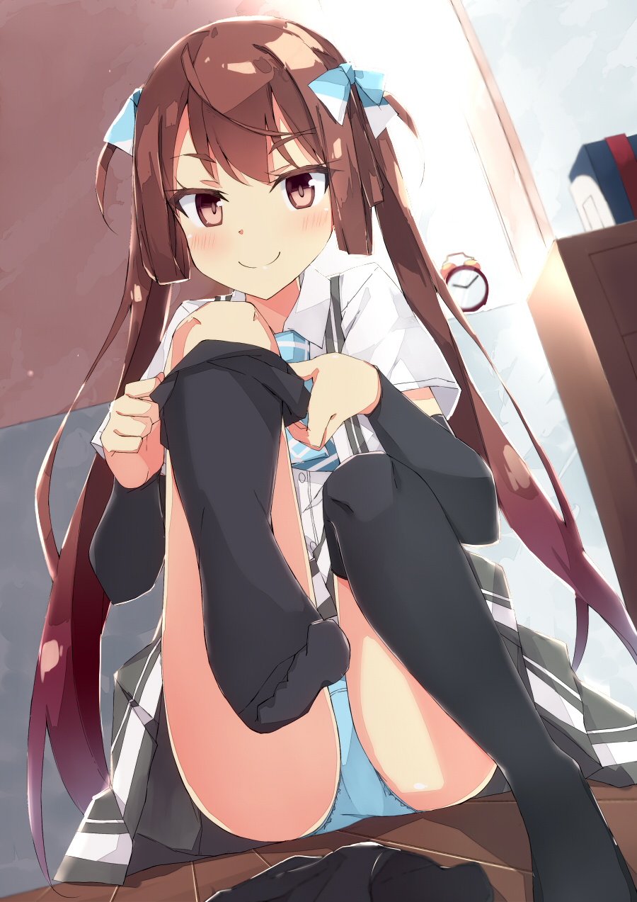 1girl alarm_clock arm_warmers asagumo_(kantai_collection) bangs beritabo black_legwear blue_bow blue_panties blush bow brown_eyes brown_hair chest_of_drawers clock closed_mouth collared_shirt commentary_request dress_shirt eyebrows_visible_through_hair grey_skirt hair_bow hair_rings highres kantai_collection long_hair looking_at_viewer no_shoes on_floor panties pleated_skirt pulled_by_self shirt short_sleeves sitting skirt smile solo suspender_skirt suspenders thigh-highs thighhighs_pull twintails underwear very_long_hair white_shirt wooden_floor
