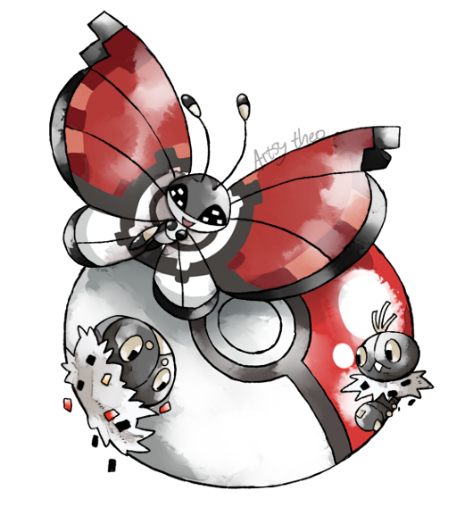 :d artsy-theo black_eyes bug butterfly creature flying full_body gen_6_pokemon happy insect looking_at_viewer no_humans open_mouth poke_ball poke_ball_(generic) pokemon pokemon_(creature) scatterbug signature smile spewpa vivillon vivillon_(poke_ball)