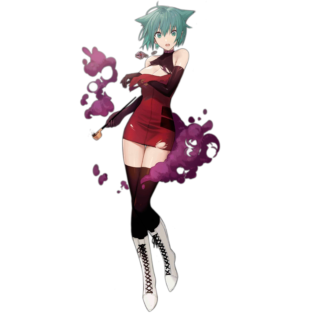 1girl alternate_costume animal_ears boots cat_ears cosplay costume_switch crossover dress girls_frontline green_eyes green_hair nin official_art pipe red_dress sei_asagiri solo surprised thigh-highs torn_clothes transparent_background va-11_hall-a