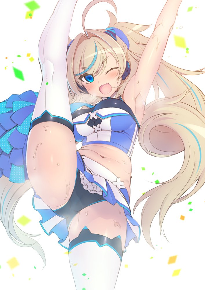 1girl ahoge arm_up blonde_hair blue_eyes breasts cheerleader large_breasts leg_up mel/a one_eye_closed original source_request sweat thigh-highs twintails