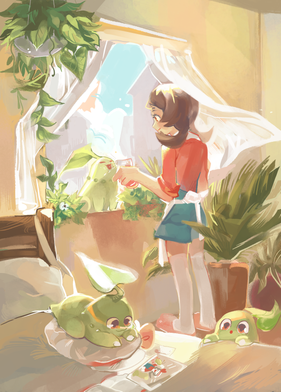 1girl bed blue_sky bokchois brown_eyes brown_hair chikorita clouds cloudy_sky commentary creature curtains day english_commentary gen_2_pokemon holding indoors kotone_(pokemon) pillow plant pokemon pokemon_(creature) pokemon_(game) pokemon_hgss sky smile standing twintails water window