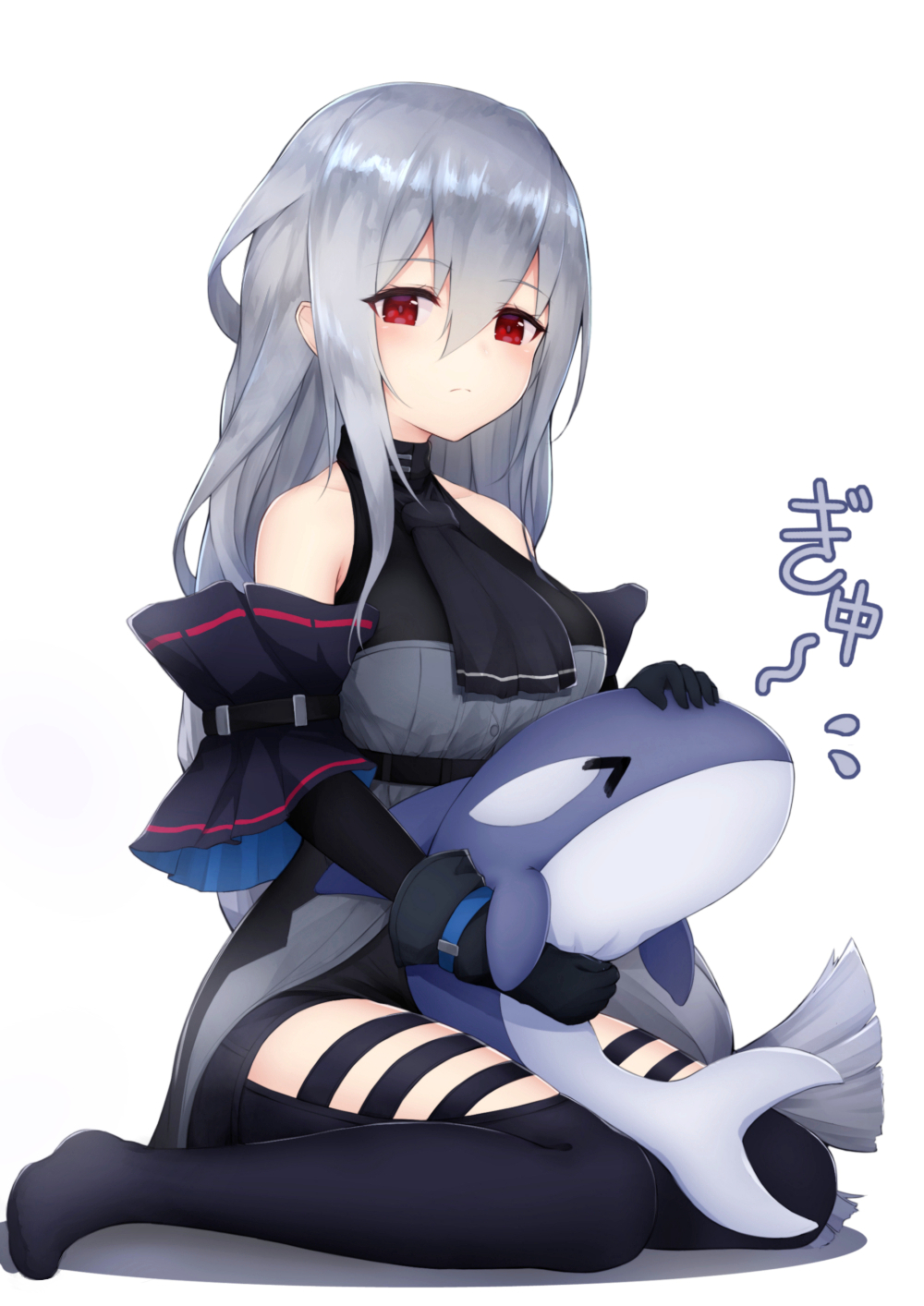1girl arknights ascot bangs bare_shoulders black_gloves black_pants breasts closed_mouth detached_sleeves english_commentary eyebrows_visible_through_hair gloves grey_hair hair_between_eyes highres holding holding_stuffed_animal linez long_hair looking_at_viewer orca pants red_eyes shirt sidelocks simple_background sitting skadi_(arknights) sleeveless sleeveless_shirt solo stuffed_animal stuffed_orca stuffed_toy thigh_cutout wariza white_background