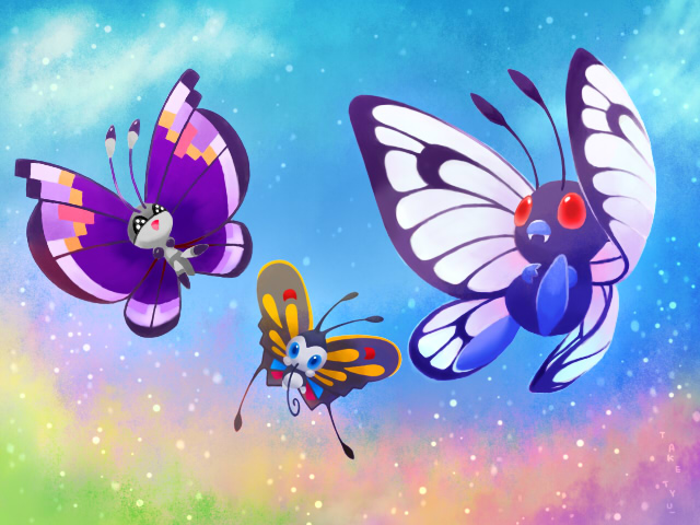 :d antennae beautifly black_eyes blue_eyes blue_sky bug butterfly butterfree clouds commentary creature day fangs flying full_body gen_1_pokemon gen_3_pokemon gen_6_pokemon happy insect looking_at_viewer no_humans open_mouth outdoors pokemon pokemon_(creature) quiver_dance_(pokemon) red_eyes sky smile takechuu trait_connection vivillon vivillon_(elegant)