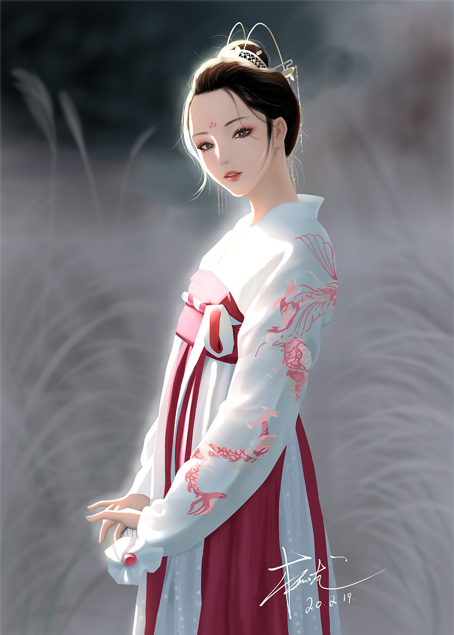 1girl black_hair blurry blurry_background brown_eyes chinese_clothes commentary dated dress facial_mark forehead_mark hair_bun hair_ornament highres lips looking_at_viewer original parted_lips sash short_hair signature solo standing zyl