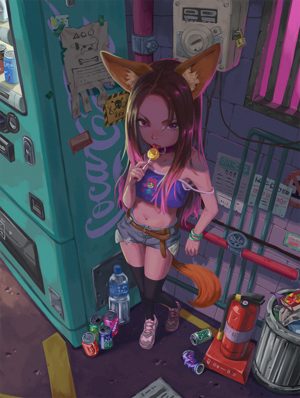 1girl alley animal_ear_fluff animal_ears bangle belt black_legwear blush bottle bracelet brick_wall brown_hair cable can candy collar crop_top cutoffs denim denim_shorts film_grain fire_extinguisher food from_above full_body gradient_hair hair_ornament highres jewelry kunikune licking lock lollipop long_hair looking_at_viewer midriff multicolored_hair navel no_symbol original outdoors padlock petite pink_hair pipes pocket scenery shoes short_shorts shorts sign sleeveless sneakers soda_can solo spaghetti_strap standing sticker strap_slip tail thigh-highs tongue tongue_out trash trash_can valve vending_machine violet_eyes water_bottle wolf_ears wolf_girl