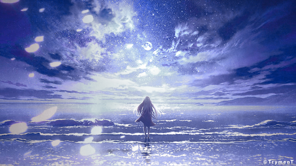 1girl black_dress clouds cloudy_sky dress facing_away horizon long_hair mocha_(cotton) night night_sky ocean original outdoors petals scenery silver_hair sky solo standing star_(sky) starry_sky twitter_username very_long_hair water wide_shot