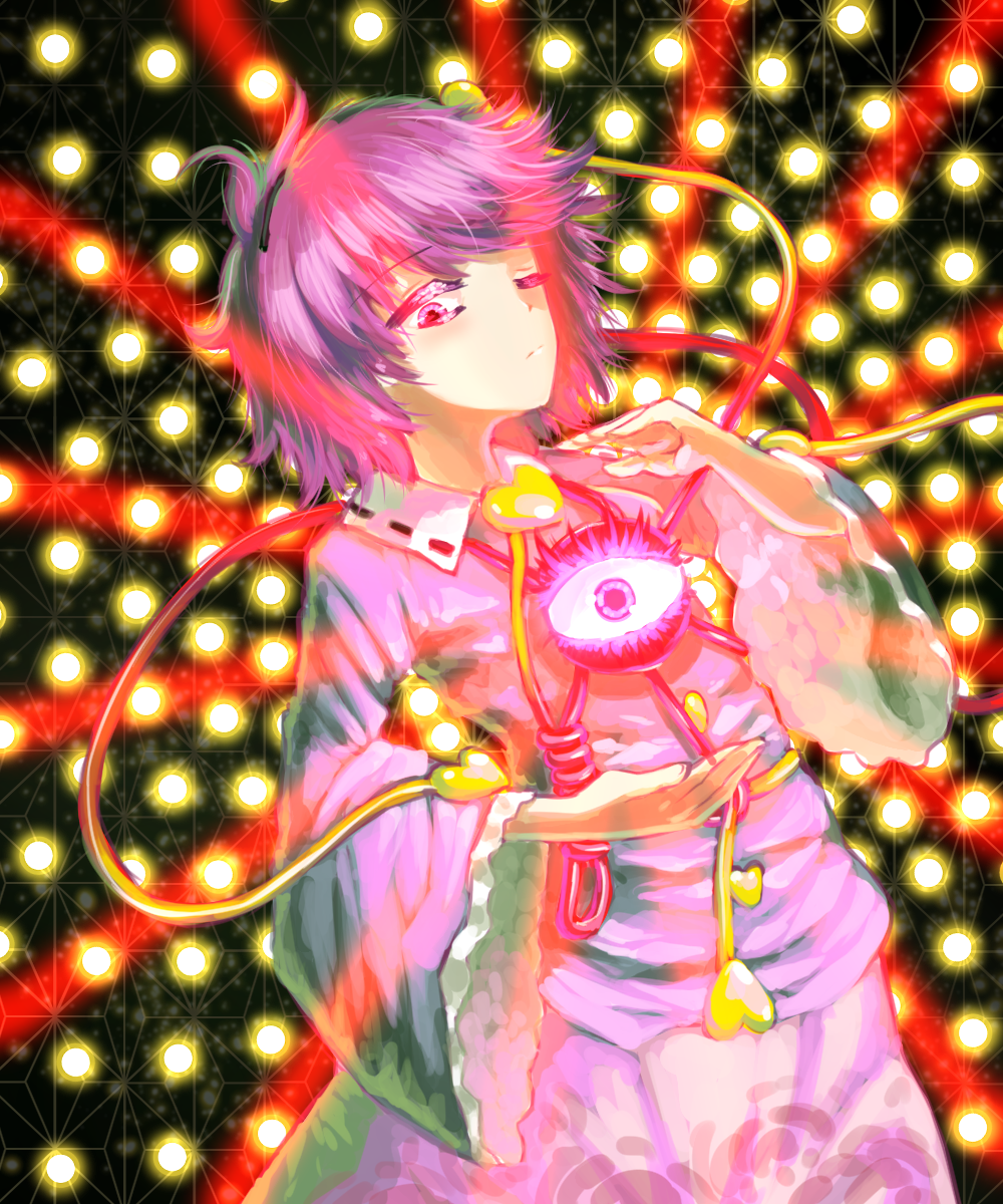 1girl abstract abstract_background attack black_hairband black_ribbon closed_mouth collar collared_shirt danmaku eyeball eyebrows eyebrows_visible_through_hair frilled_sleeves frills glowing hair_ornament hairband heart heart_hair_ornament highres komeiji_satori light_particles looking_at_object looking_at_viewer looking_down one_eye_closed pink_eyes pink_hair pink_shirt red_string ribbon ribbon-trimmed_collar ribbon_trim shadow shirt short_hair skirt spell_card string subterranean_animism sunyup third_eye touhou upper_body wide_sleeves