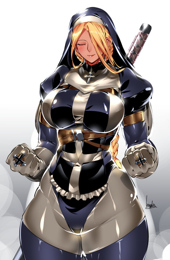 1girl armor blonde_hair bodysuit bowalia breasts clenched_hands closed_eyes closed_mouth covered_navel covered_nipples cross fantasy gloves grey_gloves habit hair_over_one_eye huge_breasts huge_weapon impossible_clothes jewelry juliet_sleeves lipstick long_braid long_sleeves makeup muscle muscular_female nun original puffy_sleeves ring shoulder_armor skin_tight solo spaulders tan thick_thighs thighs weapon weapon_on_back