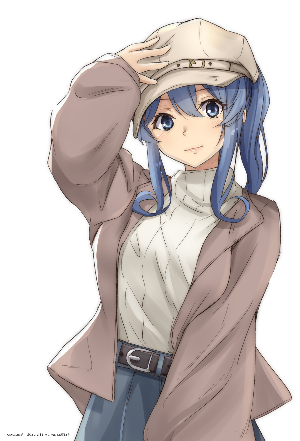 1girl alternate_costume beige_headwear belt beret blue_eyes blue_hair blue_skirt brown_jacket character_name commentary_request cowboy_shot dated gotland_(kantai_collection) hat highres holding holding_hat jacket kantai_collection long_hair looking_at_viewer mole mole_under_eye partial_commentary ponytail ribbed_sweater simple_background skirt smile solo sweater timato twitter_username white_background
