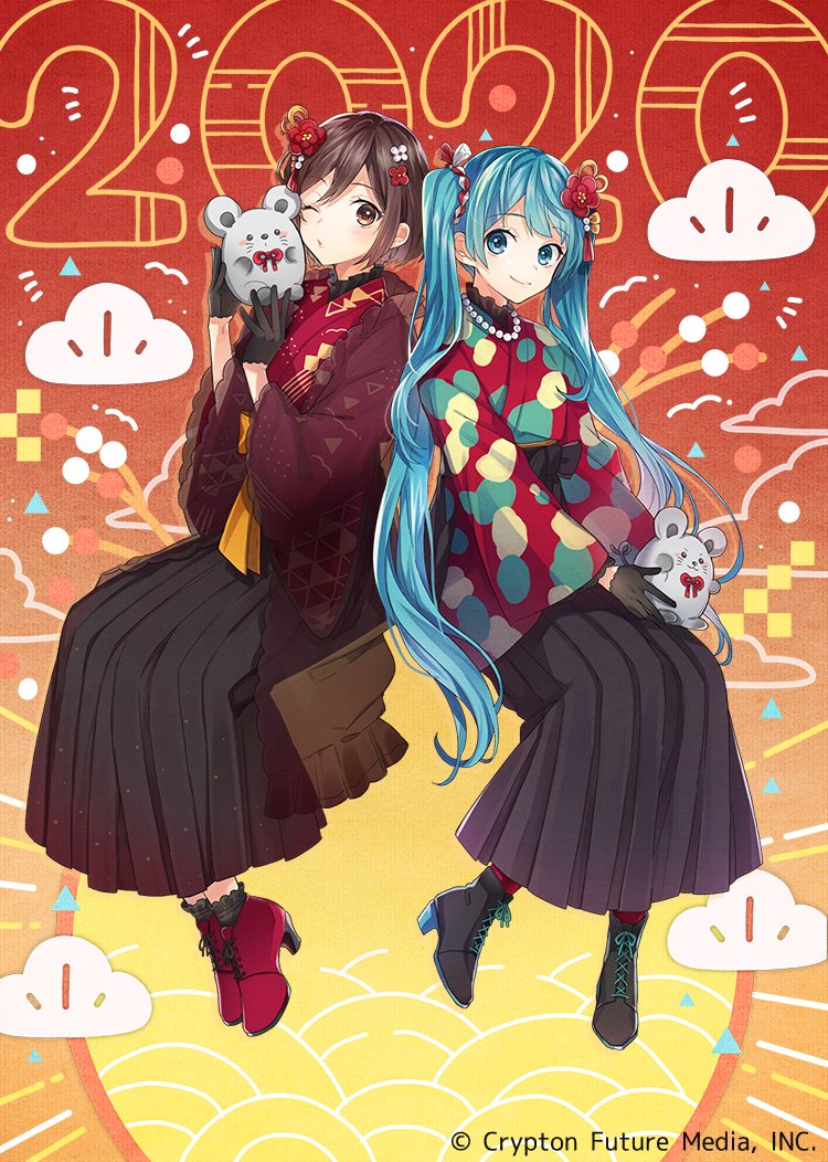 2020 2girls animal aqua_eyes aqua_hair black_gloves black_skirt boots brown_eyes brown_hair cloud_print clouds commentary crypton_future_media flower full_body gloves hair_flower hair_ornament hands_up hatsune_miku hatsune_miku_graphy_collection high_heel_boots high_heels holding holding_animal japanese_clothes jewelry kimono long_hair long_skirt looking_at_viewer meiko mouse multiple_girls necklace one_eye_closed pearl_necklace pleated_skirt red_kimono short_hair side-by-side sitting skirt smile tama_(songe) twintails very_long_hair vocaloid wide_sleeves