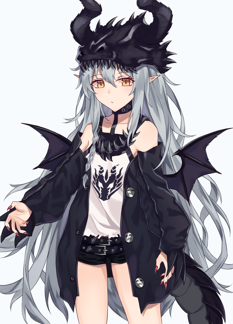 1girl belt black_jacket black_shorts brown_eyes collarbone dragon_wings expressionless eyebrows_visible_through_hair fingernails flat_chest g11_(girls_frontline) girls_frontline grey_hair hat highres horns jacket long_hair looking_at_viewer messy_hair nihnfinite8 pointy_ears red_nails sharp_fingernails shorts skull solo very_long_hair wavy_hair wings