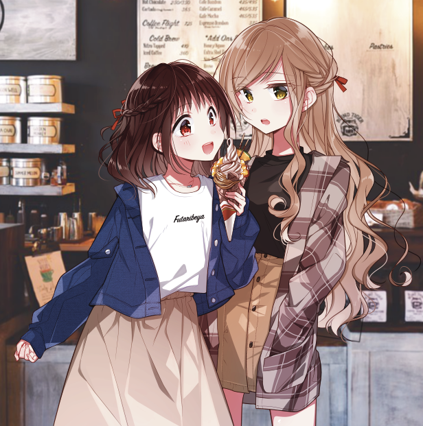 2girls :d braid cafe food futaribeya ice_cream jacket kawawa_sakurako long_hair multiple_girls open_mouth plaid plaid_shirt shirt skirt smile yamabuki_kasumi yukiko_(tesseract)