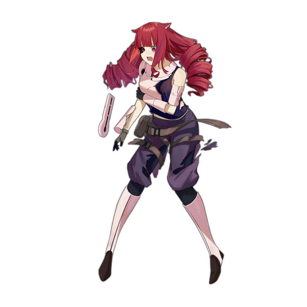 1girl alternate_costume animal_ears boots cat_ears cosplay costume_switch crossover cybernetic_eye damaged drill_hair full_body girls_frontline nunuan official_art red_eyes redhead solo stella_hoshii torn_clothes transparent_background twin_drills twintails uniform va-11_hall-a