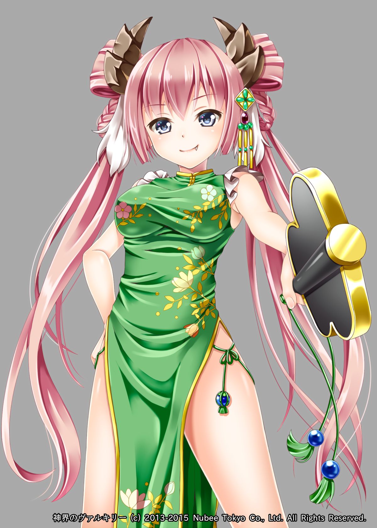 1girl blue_eyes breasts chinese_clothes dress fan floral_print flower green_dress hair_ornament hakuda_tofu hand_on_hip highres holding holding_fan horns large_breasts official_art pink_hair shinkai_no_valkyrie spread_legs