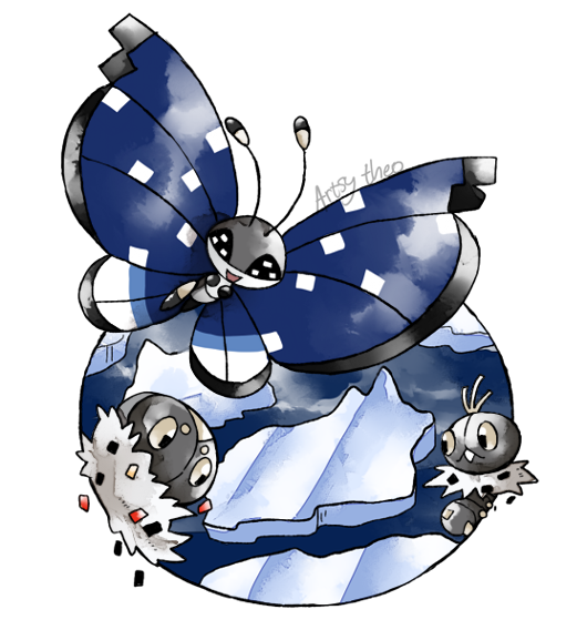 :d afloat artsy-theo black_eyes bug butterfly creature flying full_body gen_6_pokemon happy ice insect lake looking_at_viewer no_humans open_mouth outdoors pokemon pokemon_(creature) scatterbug signature smile spewpa vivillon vivillon_(polar) water