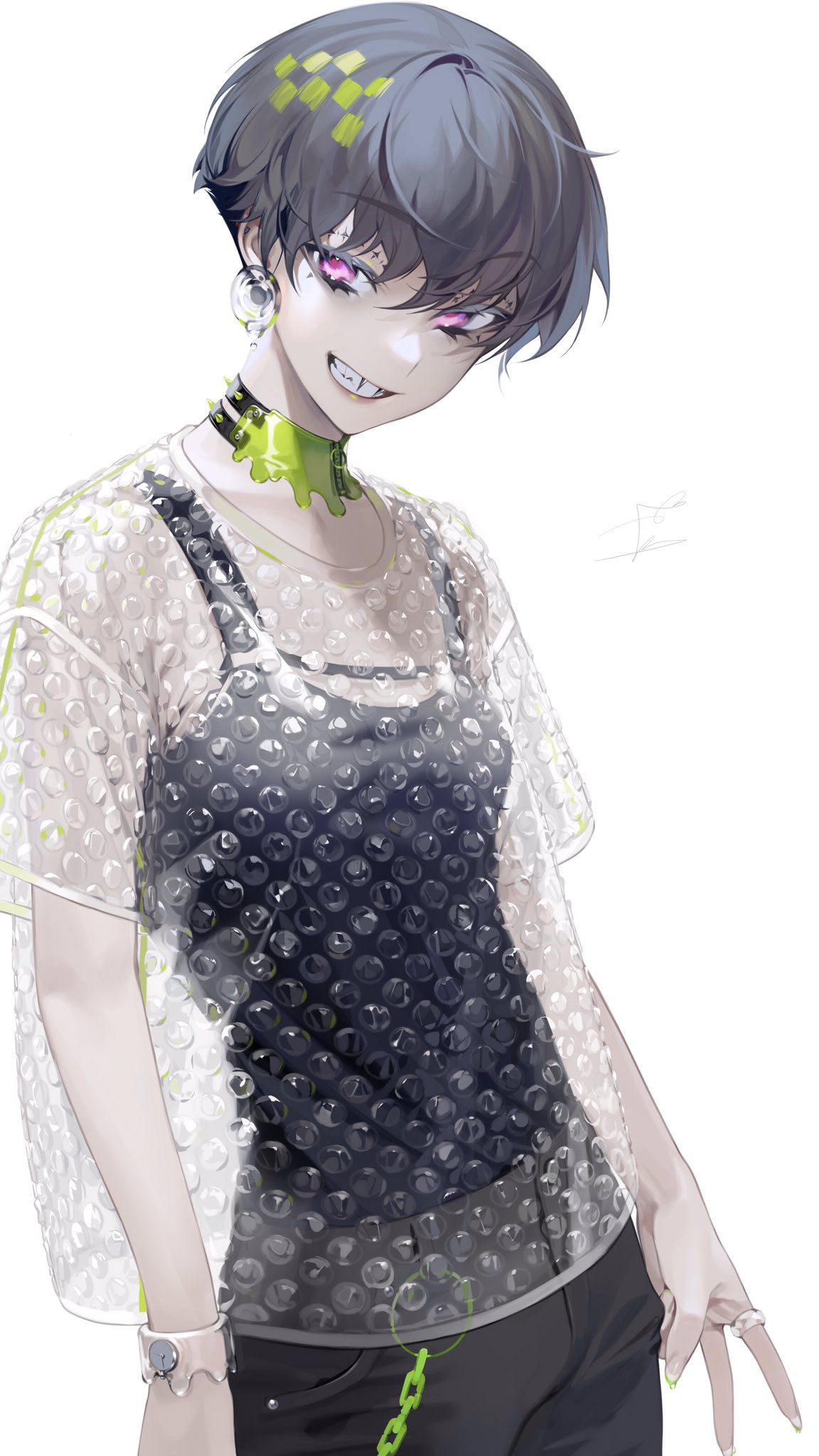 1girl bangs bubble_wrap chain choker ear_piercing earrings eyebrows_visible_through_hair grey_hair hair_between_eyes highres jewelry looking_at_viewer nail_polish ohisashiburi open_mouth original pants piercing pink_eyes ring see-through see-through_sleeves shirt short_hair short_sleeves simple_background smile solo teeth transparent_shirt upper_body v watch watch white_background