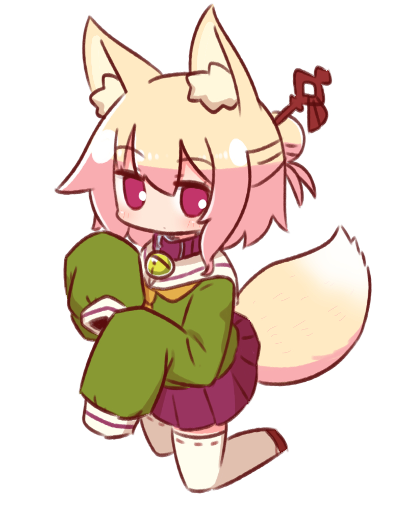 1girl animal_ear_fluff animal_ears bangs bell bell_collar blonde_hair brown_collar collar commentary_request expressionless eyebrows_visible_through_hair fox_ears fox_girl fox_tail full_body green_shirt hair_between_eyes hair_bun hair_ornament jingle_bell kemomimi-chan_(naga_u) kneeling long_hair long_sleeves looking_at_viewer naga_u orange_neckwear original pleated_skirt purple_skirt red_eyes ribbon-trimmed_legwear ribbon_trim sailor_collar shirt sidelocks simple_background skirt sleeves_past_fingers sleeves_past_wrists solo tail thigh-highs white_background white_sailor_collar