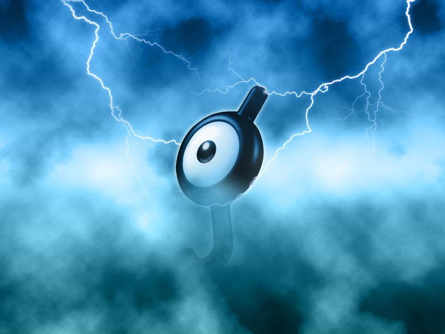 black_cloud black_eyes clouds cloudy_sky commentary creature english_commentary floating full_body gen_2_pokemon ilkcmp looking_at_viewer no_humans pokemon pokemon_(creature) sky solo thunder unown