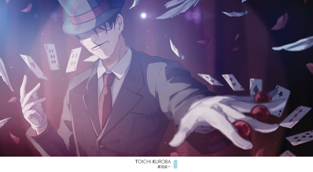 1boy black_hair black_headwear black_jacket blurry blurry_background card collared_shirt facial_hair gloves hair_between_eyes hat hat_over_eyes jacket kuroba_toichi long_sleeves magic_kaito male_focus monicanc mustache necktie outstretched_arm red_neckwear shirt solo white_gloves white_shirt wing_collar