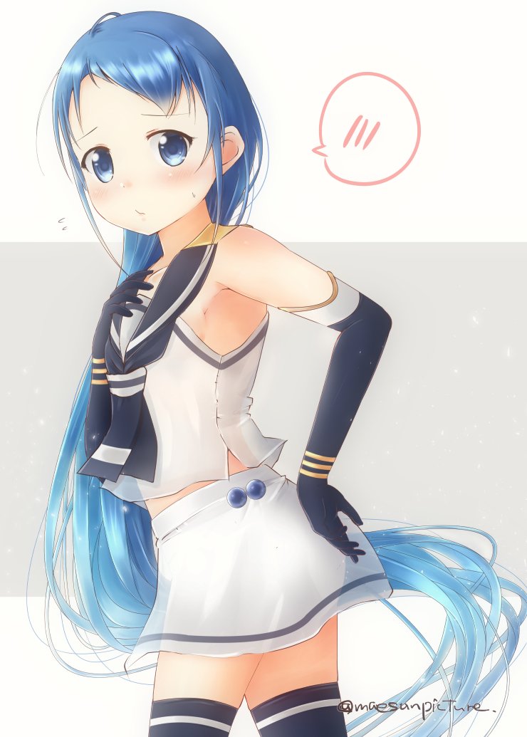1girl armpits artist_name bangs bare_shoulders blue_eyes blue_gloves blue_hair blue_legwear blush breasts collarbone commentary elbow_gloves gloves hand_on_own_ass hand_on_own_chest kantai_collection long_hair looking_at_viewer mae_(maesanpicture) sailor_collar samidare_(kantai_collection) see-through_silhouette shirt simple_background skirt sleeveless sleeveless_shirt small_breasts solo spoken_blush sweatdrop swept_bangs thigh-highs very_long_hair white_background white_serafuku white_shirt white_skirt zettai_ryouiki
