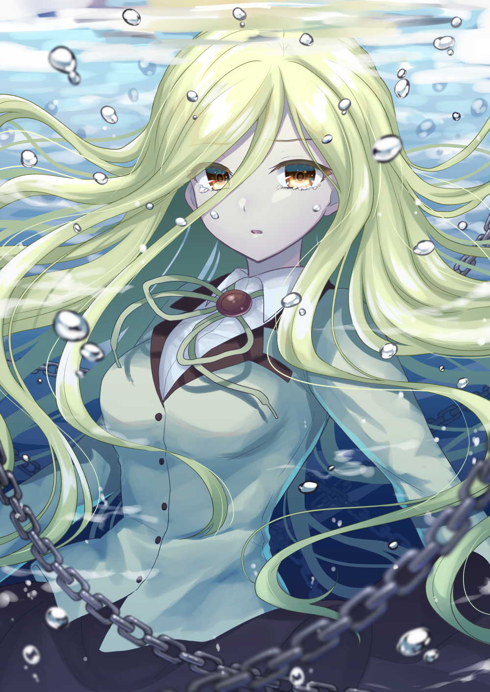 1girl air_bubble alternate_hairstyle angel_beats! bangs black_skirt blazer blonde_hair breasts brown_eyes bubble chain collared_shirt commentary_request eyebrows_visible_through_hair green_hair green_ribbon grey_jacket hair_between_eyes hair_down highres jacket long_hair long_sleeves looking_at_viewer medium_breasts nakamura_hinato neck_ribbon parted_lips ribbon school_uniform shirt skirt solo tears underwater upper_body very_long_hair water white_shirt yusa_(angel_beats!)