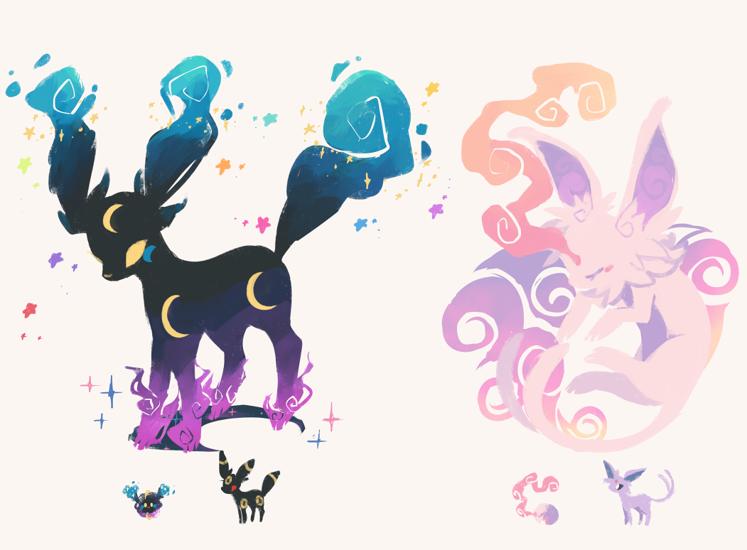 charamells clouds cosmog creature crescent espeon full_body fusion gen_2_pokemon gen_5_pokemon gen_7_pokemon legendary_pokemon multiple_fusions musharna no_humans pokemon pokemon_(creature) simple_background sparkle standing umbreon white_background