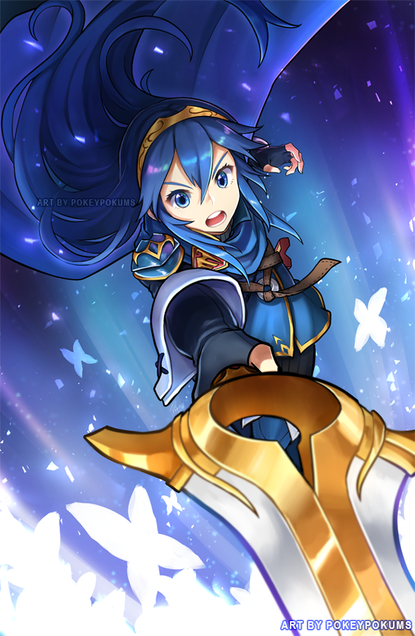 1girl armor blue_eyes blue_hair cape commentary fingerless_gloves fire_emblem fire_emblem_awakening gloves long_hair looking_at_viewer lucina lucina_(fire_emblem) open_mouth pokey solo sword tiara weapon