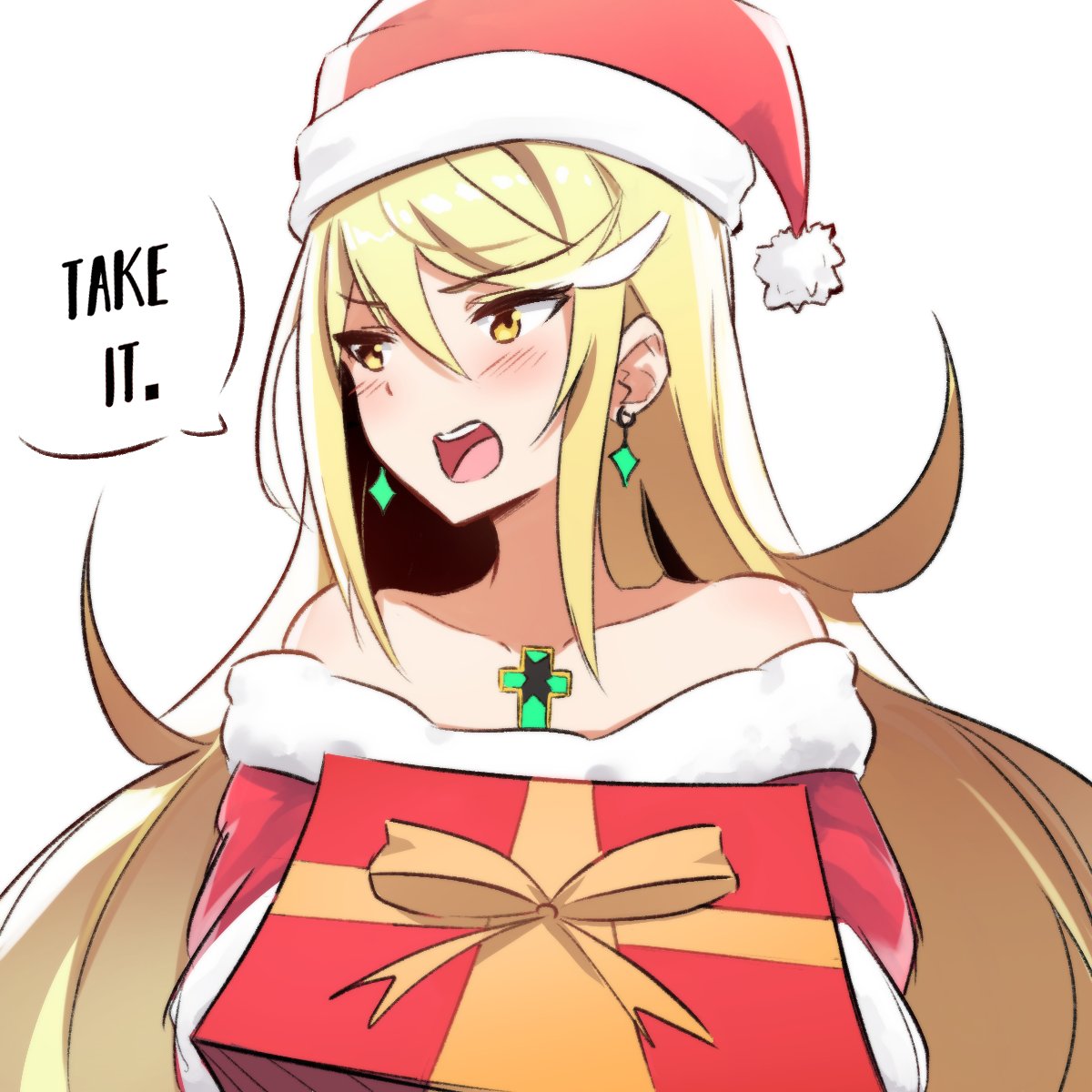 1girl bare_shoulders blonde_hair blush collarbone coolisushi earrings english_text fur-trimmed_sleeves fur_trim gift green_earrings hair_between_eyes hat highres mythra_(xenoblade) incoming_gift jewelry long_hair looking_away santa_costume santa_hat solo speech_bubble upper_body white_background xenoblade_(series) xenoblade_2 yellow_eyes
