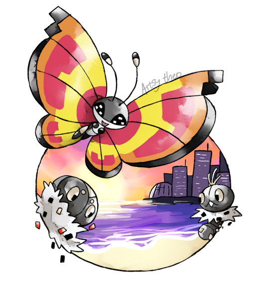 :d artsy-theo bug building butterfly city creature flying gen_6_pokemon happy insect looking_at_viewer no_humans ocean open_mouth outdoors pokemon pokemon_(creature) scatterbug signature sky smile spewpa twilight vivillon vivillon_(sun)