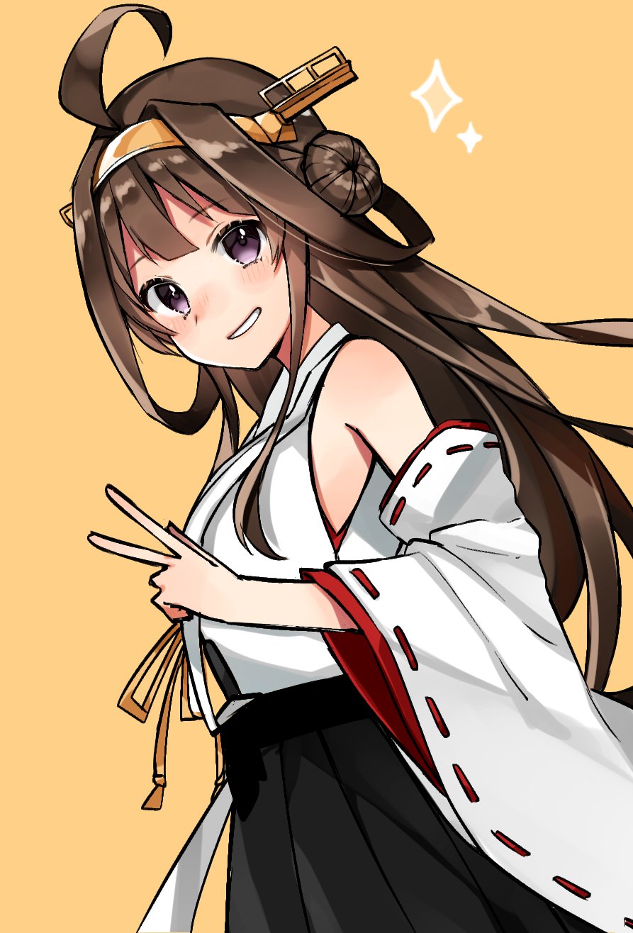 1girl ahoge black_skirt brown_hair commentary_request detached_sleeves double_bun grin hairband headgear highres japanese_clothes kantai_collection katsuobushi_(eba_games) kongou_(kantai_collection) long_hair looking_at_viewer pleated_skirt ribbon-trimmed_sleeves ribbon_trim simple_background skirt smile solo v violet_eyes yellow_background