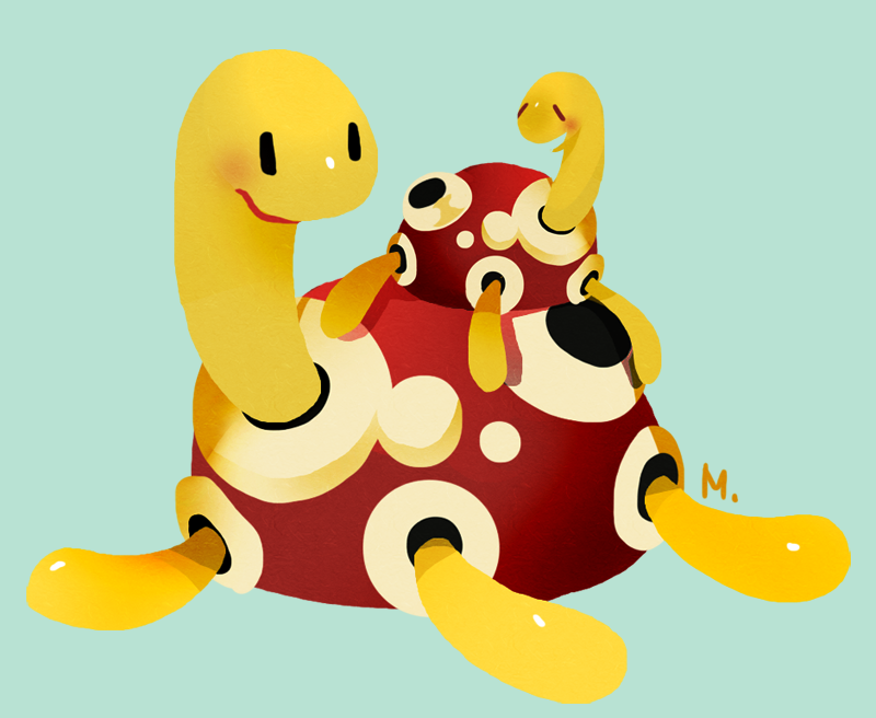 blue_background closed_eyes commentary creature english_commentary full_body gen_2_pokemon looking_at_another maizilla no_humans pokemon pokemon_(creature) pun shell shuckle signature simple_background size_difference