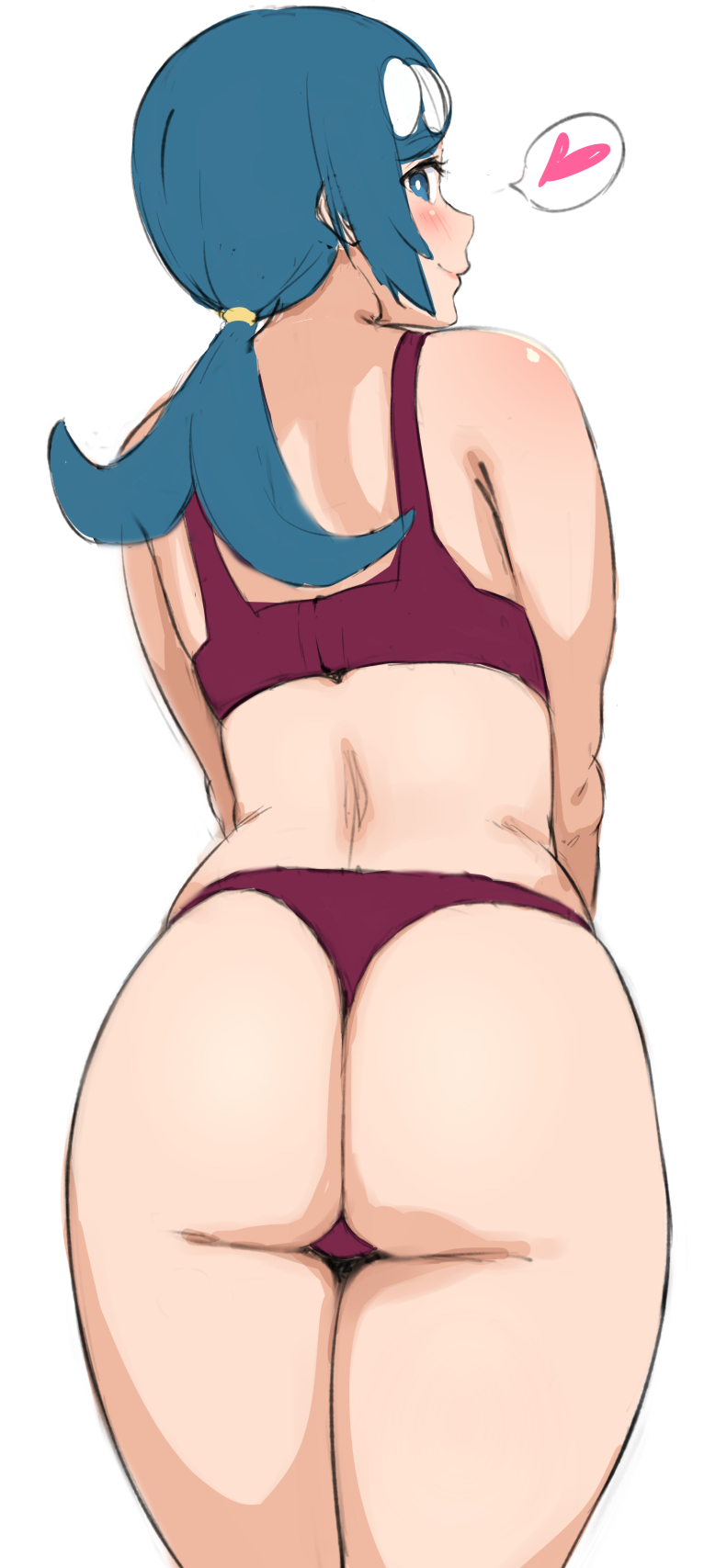 1girl ass blue_eyes blue_hair blush bra commentary_request cowboy_shot heart highres long_hair looking_at_viewer looking_back mature mhs panties pokemon pokemon_(anime) pokemon_sm_(anime) ponytail simple_background sketch solo spoken_heart suiren's_mother_(pokemon) thong underwear underwear_only white_background