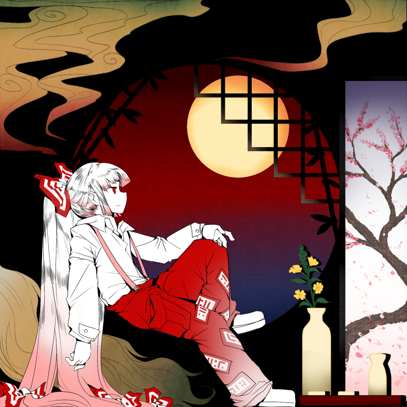 architecture bamboo bangs bow cherry_blossom_print choko_(cup) commentary cup east_asian_architecture floral_print flower fujiwara_no_mokou full_moon hair_bow hime_cut htangt long_hair looking_away moon pants red_eyes red_pants sidelocks sitting smoke suspenders tokkuri touhou vase very_long_hair white_hair window