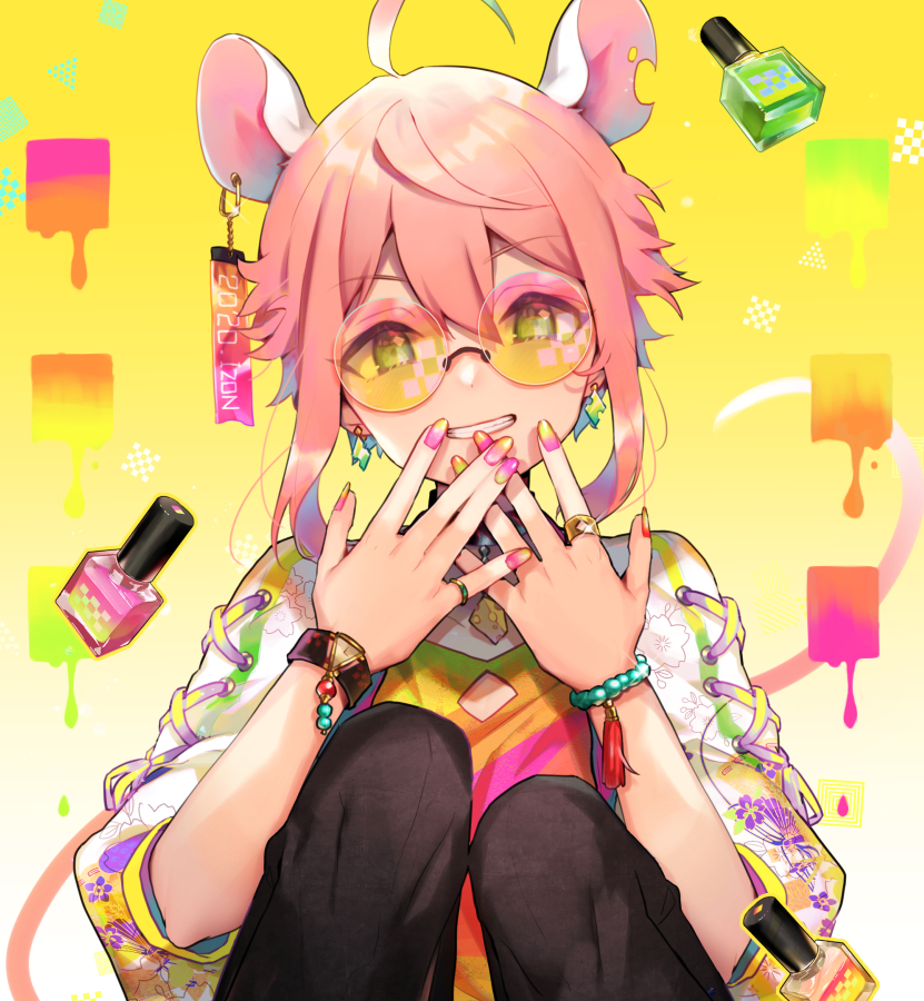 1boy ahoge animal_ears bangs black_pants bracelet commentary_request earrings ensemble_stars! eyebrows_visible_through_hair glint green_eyes grin hair_between_eyes hands_together hands_up himemiya_touri itamidome jewelry knees_up looking_at_viewer mouse_ears mouse_girl mouse_tail nail_art nail_polish nail_polish_bottle notched_ear own_hands_together pants pink_hair pink_nails puffy_short_sleeves puffy_sleeves round_eyewear shirt short_sleeves sidelocks sitting smile solo tail watch yellow_background yellow_nails