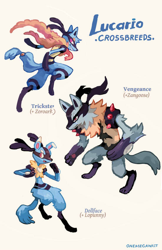 brown_eyes character_name commentary creature english_commentary english_text full_body fusion gen_3_pokemon gen_4_pokemon gen_5_pokemon looking_at_viewer lopunny lucario multiple_fusions no_humans onemegawatt pokemon pokemon_(creature) signature simple_background standing violet_eyes white_background zangoose zoroark