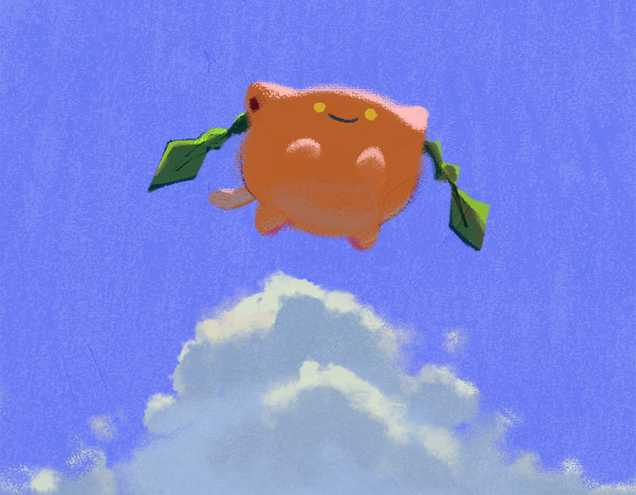 blue_sky clouds commentary creature day english_commentary everydaylouie floating full_body gen_2_pokemon hoppip no_humans pokemon pokemon_(creature) sky smile solo yellow_eyes