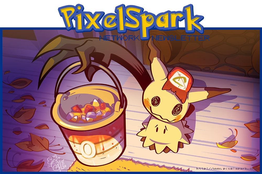 blue_border border bucket commentary creature english_commentary full_body gen_7_pokemon halloween hat holding holding_bucket introducingemy mimikyu no_humans pokemon pokemon_(creature) shadow signature solo standing watermark web_address