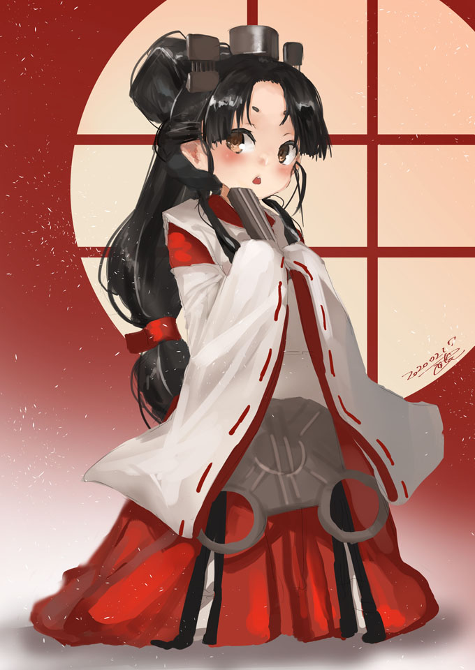 1girl black_hair blush brown_eyes brown_hair hair_ornament hair_ribbon hair_tie hakama headgear high_ponytail japanese_clothes kantai_collection long_hair long_sleeves looking_at_viewer miko multi-tied_hair nisshin_(kantai_collection) okobo open_mouth red_hakama red_ribbon ribbon ribbon-trimmed_sleeves ribbon_trim short_eyebrows solo thick_eyebrows toka_(marchlizard) very_long_hair wide_sleeves