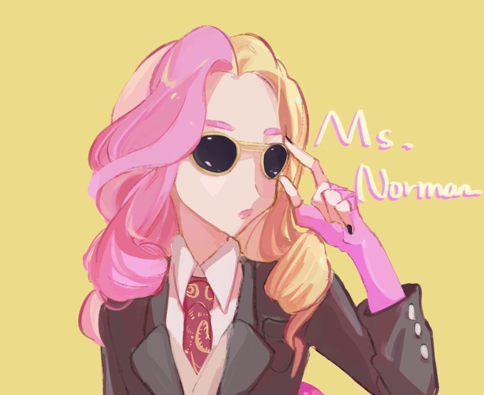 1girl black_nails blonde_hair character_name commentary detective_pikachu detective_pikachu_(movie) english_commentary featherfly flat_chest gloves long_hair ms._norman_(pokemon) multicolored_hair pink_gloves pink_hair pokemon serious simple_background solo sunglasses two-tone_hair upper_body yellow_background