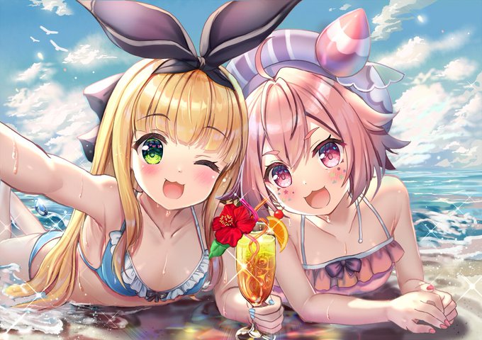 2girls :3 ;3 akabane_(zebrasmise) beach beret bikini black_bow blonde_hair blue_bikini blue_nails blush bow breasts clouds cloudy_sky collarbone commentary_request eyebrows_visible_through_hair frilled_bikini_top glass green_eyes hair_between_eyes hair_bow hat long_hair looking_at_viewer lying mononobe_alice multiple_girls nijisanji ocean on_stomach one_eye_closed open_mouth pink_bikini pink_eyes pink_hair pink_nails self_shot short_hair sky small_breasts sparkle swimsuit ushimi_ichigo virtual_youtuber