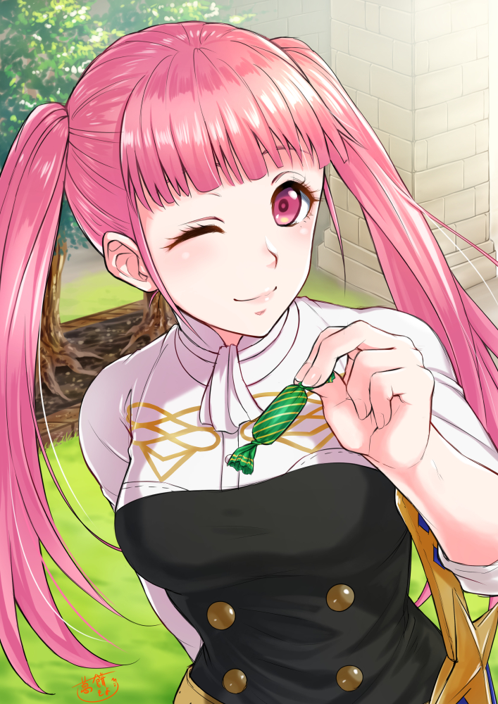 1girl candy closed_mouth fire_emblem fire_emblem:_three_houses food garreg_mach_monastery_uniform hilda_valentine_goneril holding long_hair one_eye_closed pink_eyes pink_hair smile solo soyo2106 twintails uniform upper_body