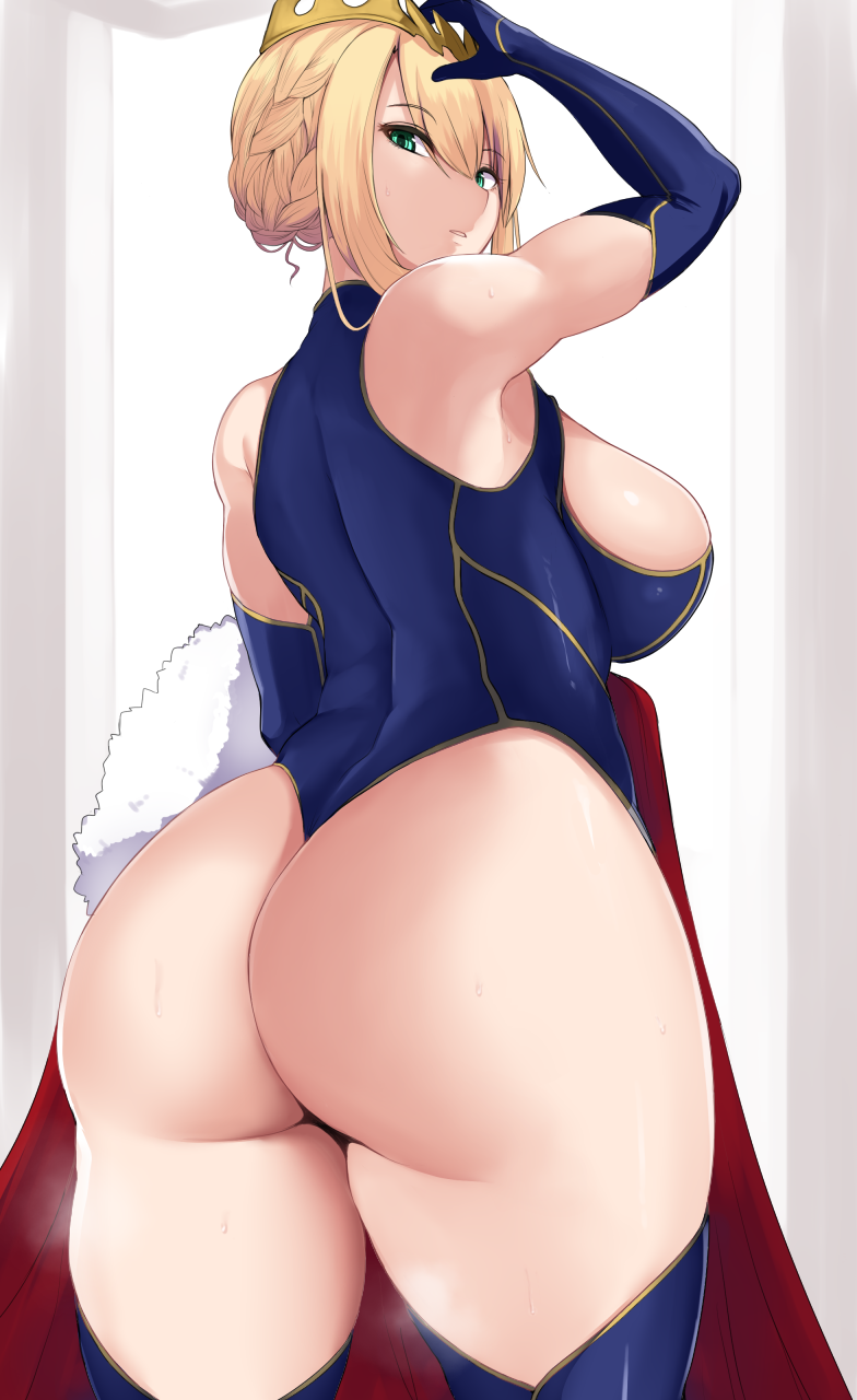 1girl ahoge arm_up armpits artoria_pendragon_(all) artoria_pendragon_(lancer) ass back bangs bare_shoulders blonde_hair blue_gloves blue_leotard braid breasts cape cleavage_cutout crown elbow_gloves erimiko fate/grand_order fate_(series) french_braid fur-trimmed_cape fur_trim gloves hair_between_eyes highres large_breasts leotard long_hair looking_at_viewer looking_back parted_lips sidelocks solo swept_bangs thigh-highs thighs