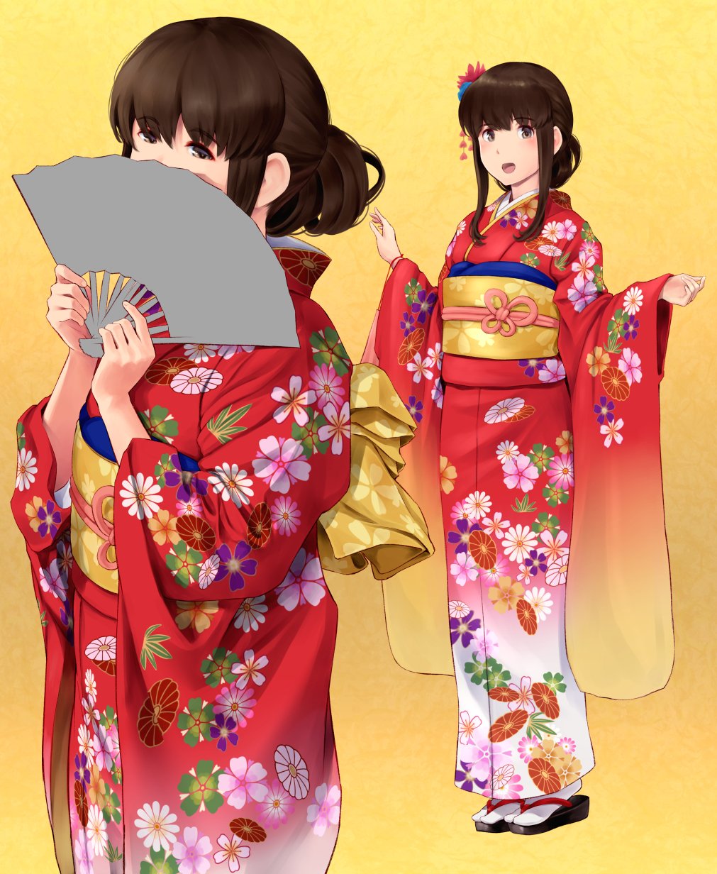 1girl akagi_(kantai_collection) alternate_costume alternate_hairstyle bangs blush brown_eyes brown_hair covering_mouth fan floral_print folded_ponytail folding_fan furisode hair_ornament highres holding holding_fan japanese_clothes kantai_collection kimono legs_together long_hair looking_at_viewer multiple_views obiage obijime open_mouth red_kimono sidelocks simple_background sleeves smile standing tabi w_arms wa_(genryusui) white_footwear wide_sleeves yellow_background zouri