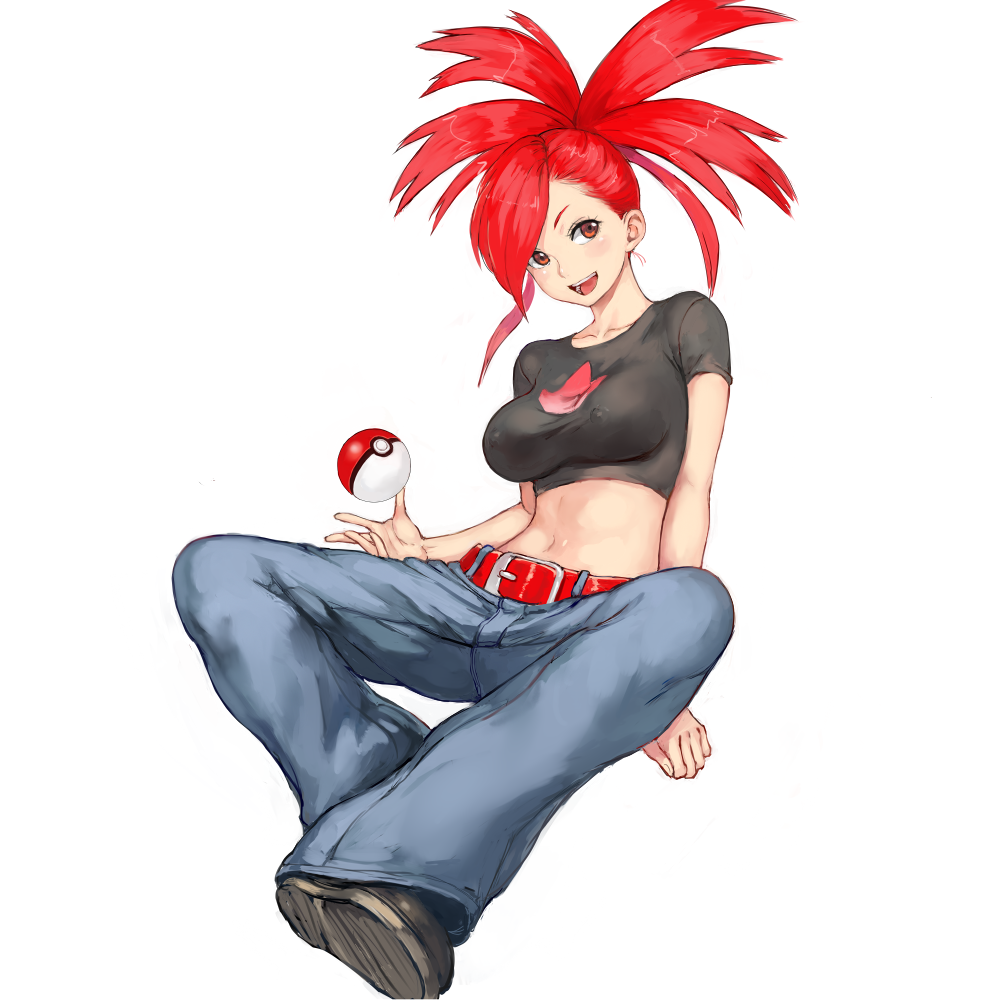 1girl asuna_(pokemon) belt black_shirt breasts commentary covered_nipples crop_top denim flame_print gym_leader jeans long_hair looking_at_viewer midriff navel open_mouth pants poke_ball poke_ball_(generic) pokemon pokemon_(game) pokemon_rse ponytail red_eyes redhead shirt shoes shu-mai sitting smile solo white_background