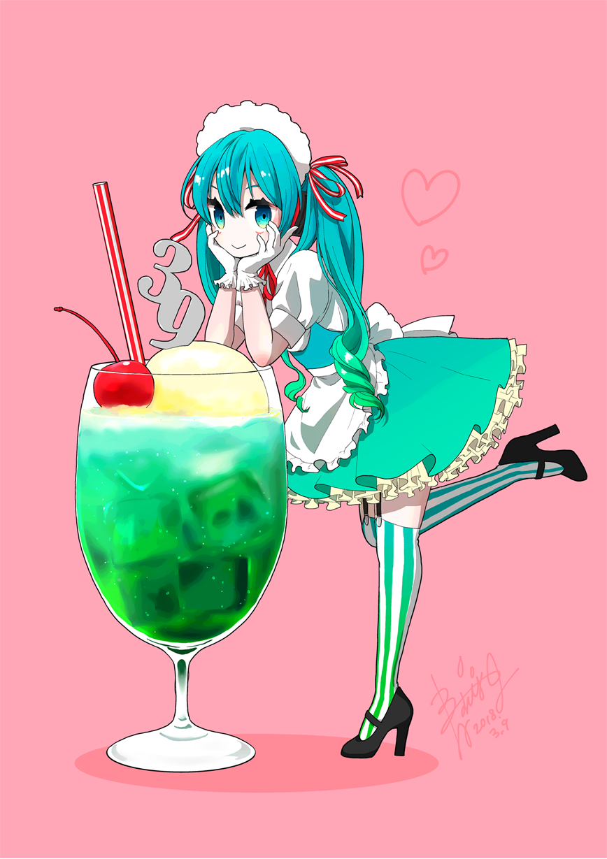 1girl 39 7meill alternate_costume apron aqua_eyes aqua_hair arm_rest black_footwear cherry closed_mouth commentary dated drinking_straw enmaided food frilled_skirt frills from_side fruit full_body garter_straps gloves gradient_hair hatsune_miku heart high_heels highres ice_cream ice_cream_float juliet_sleeves leaning_forward leg_up long_hair long_sleeves looking_at_viewer maid minigirl multicolored_hair petticoat pink_background puffy_short_sleeves puffy_sleeves short_sleeves signature simple_background skirt smile soda solo standing standing_on_one_leg striped striped_legwear twintails vocaloid waist_apron waitress white_gloves